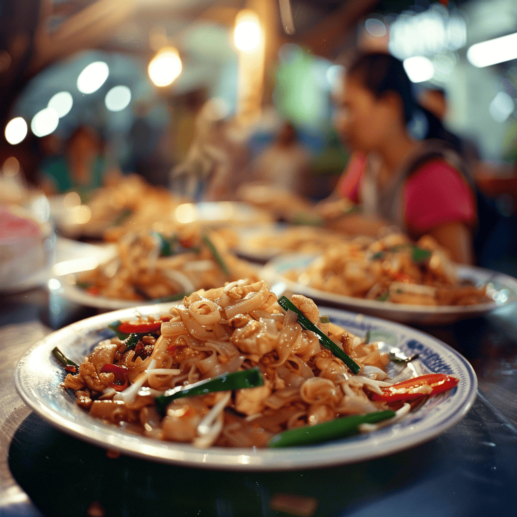 Plates of Drunken Noodles or Pad Kee Mao  being served at a Thai night market.