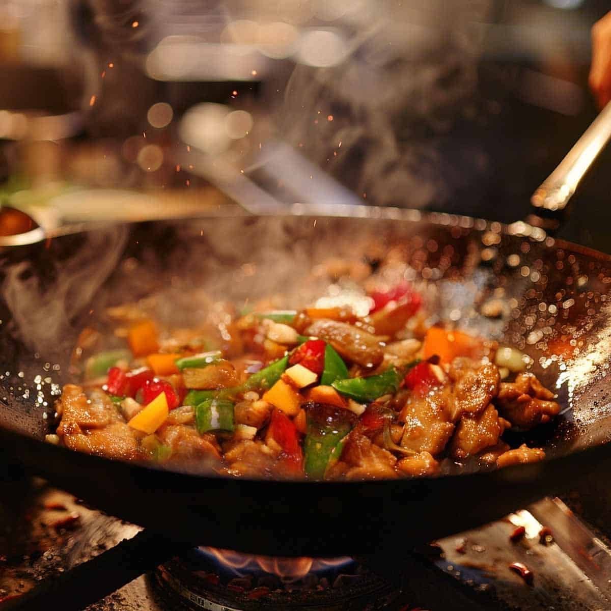 Stir-frying bell pepper, onion, meat, noodles, and sauces in a skillet for Drunken Noodles