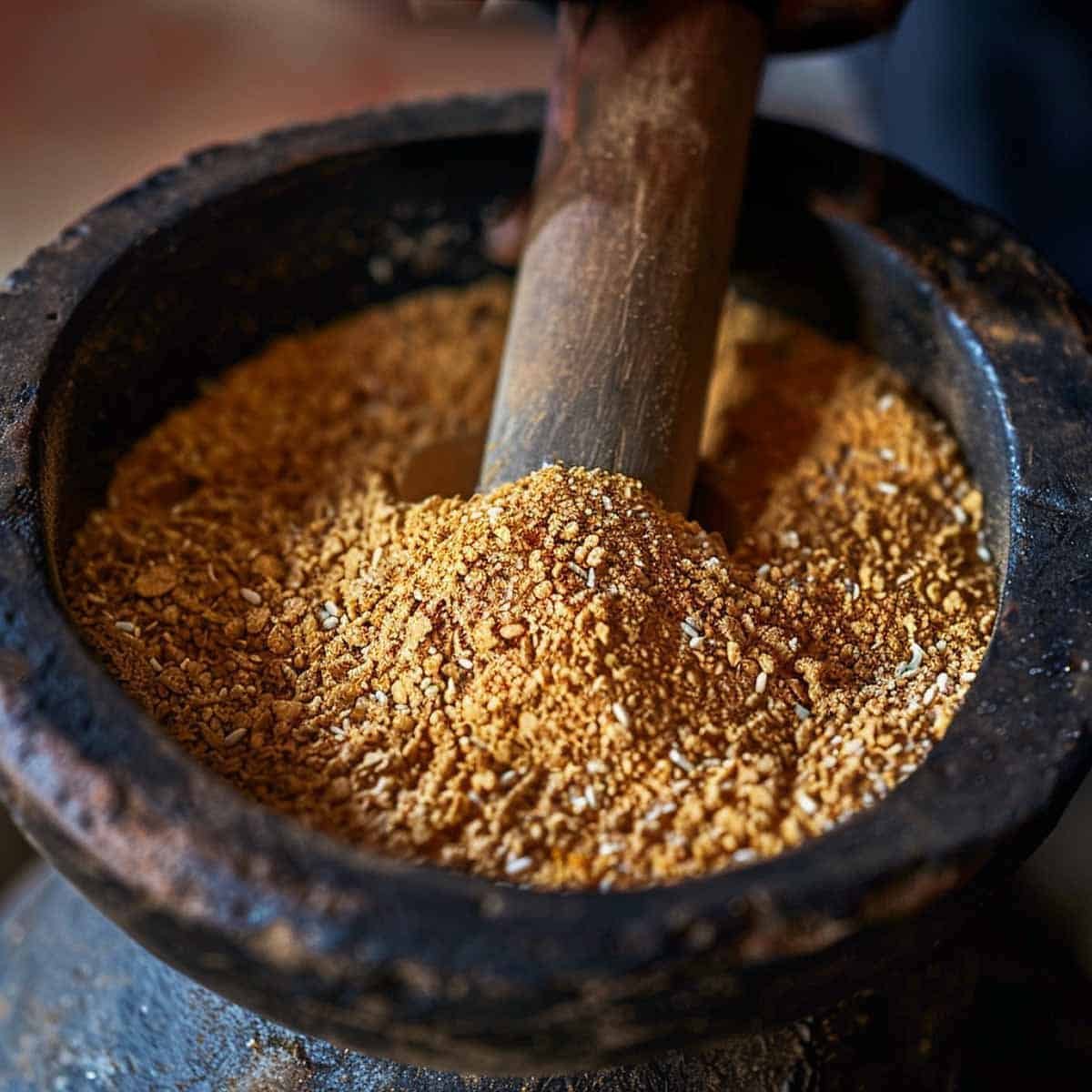 gringing sticky rice into powder turning into Roasted Rice Powder (Khao Khua)