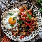 plate of Thai Basil Chicken with fried egg