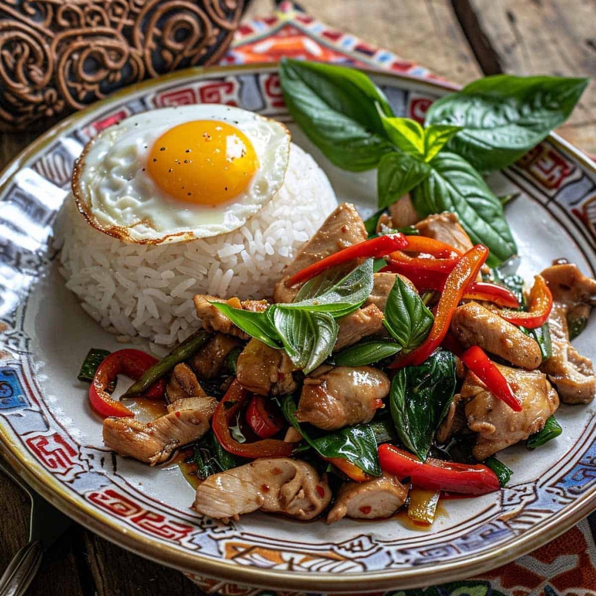 A finished plate of Thai Basil Chicken: stir-fried chicken with basil and chili over jasmine rice, topped with a fried egg