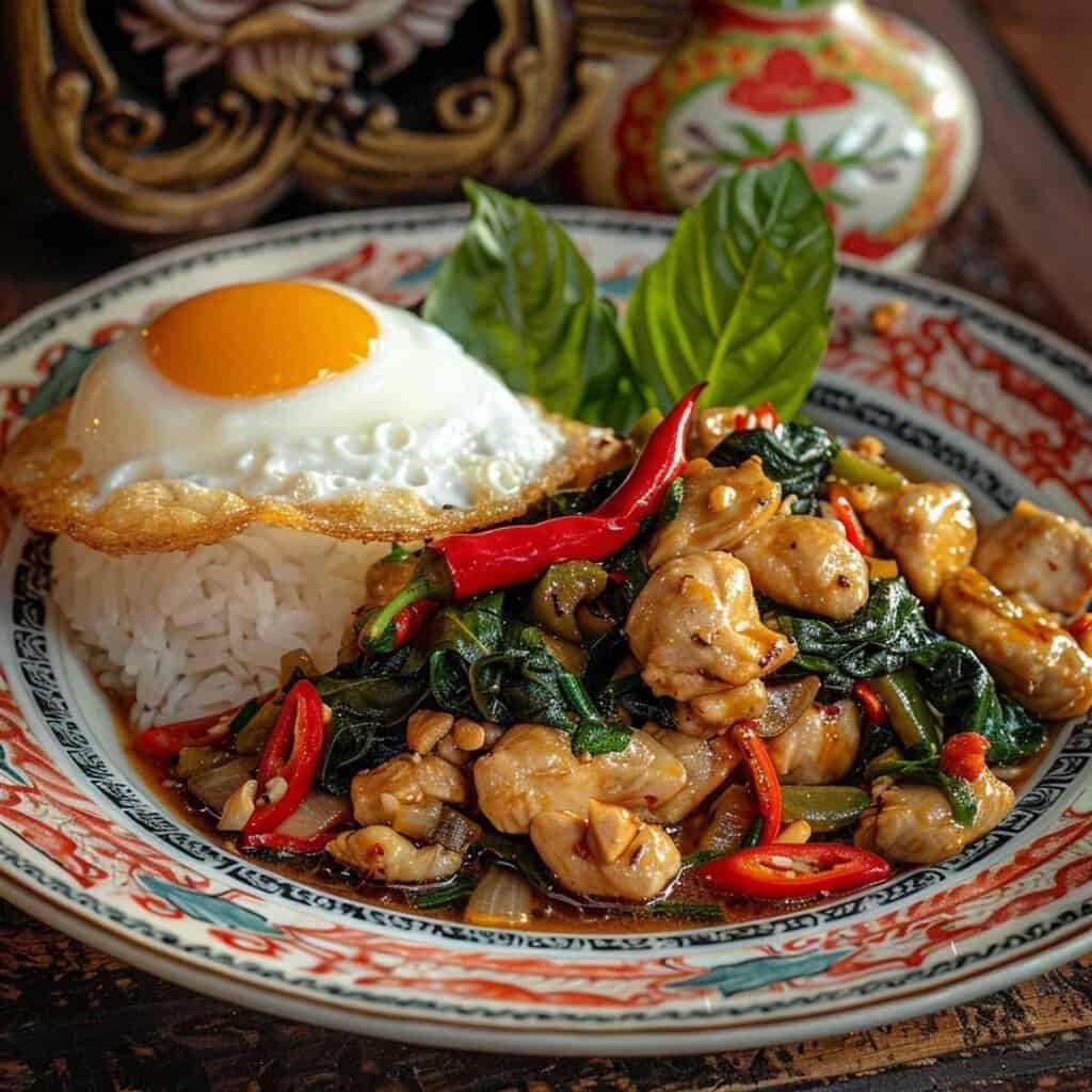 Plate of Thai Basil Chicken with fried egg