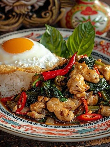 Plate of Thai Basil Chicken with fried egg