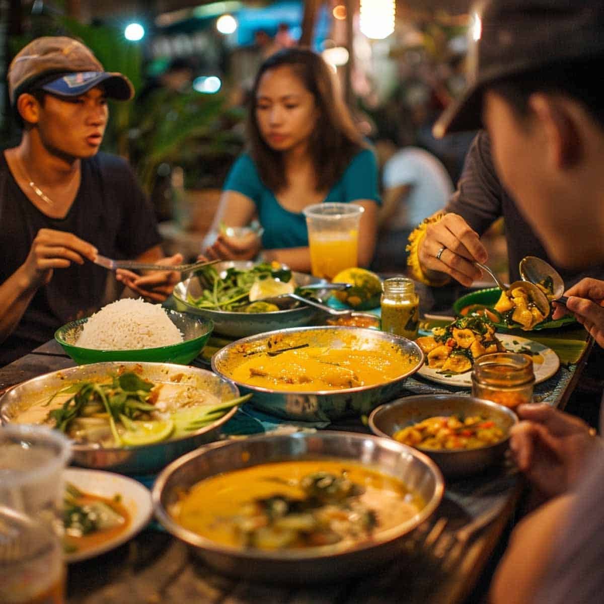 Group of friends enjoying Gaeng Garee (Yellow Curry) at a Thai night market.
