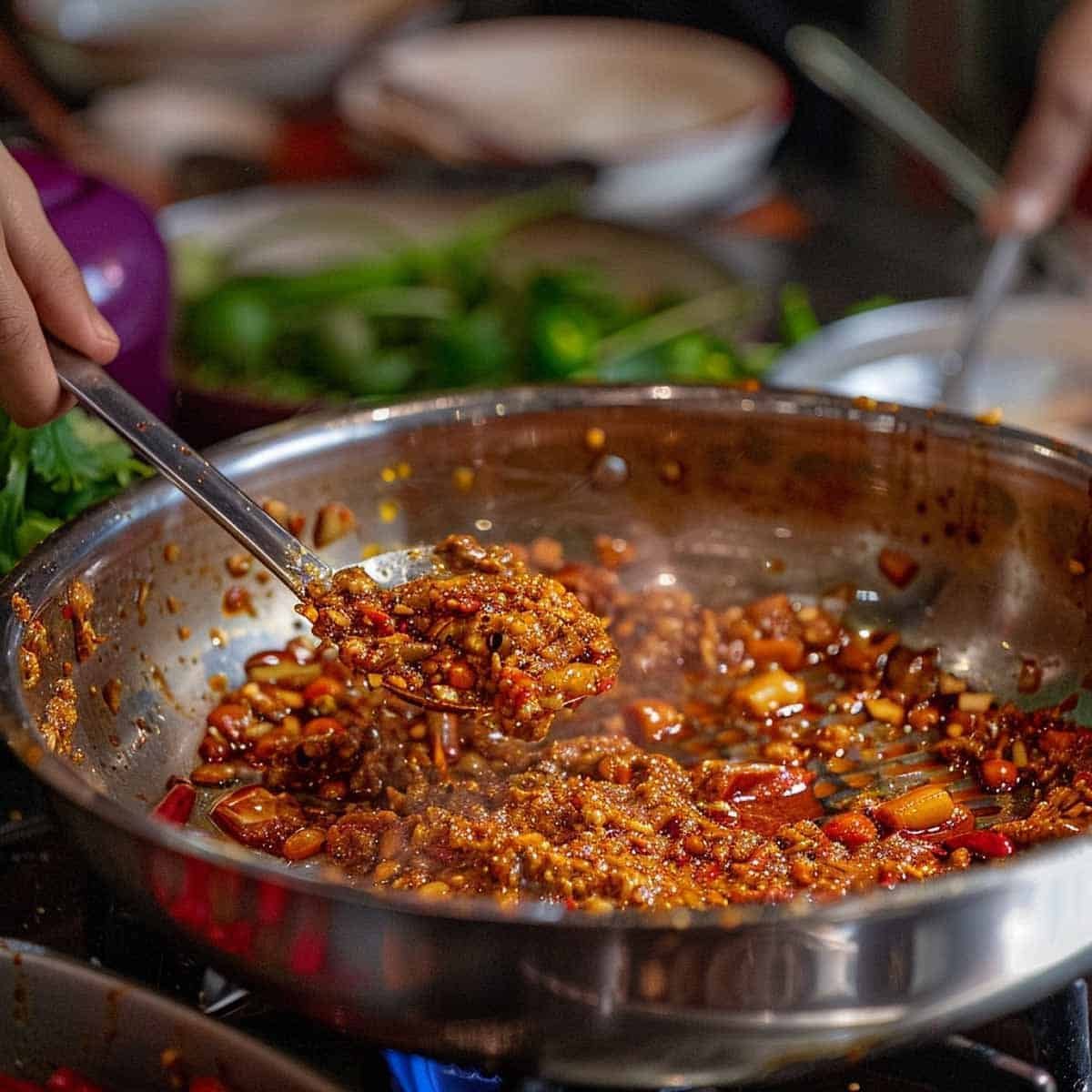 Red curry paste heating in a saucepan on a stove, starting to release its aromatic flavors.