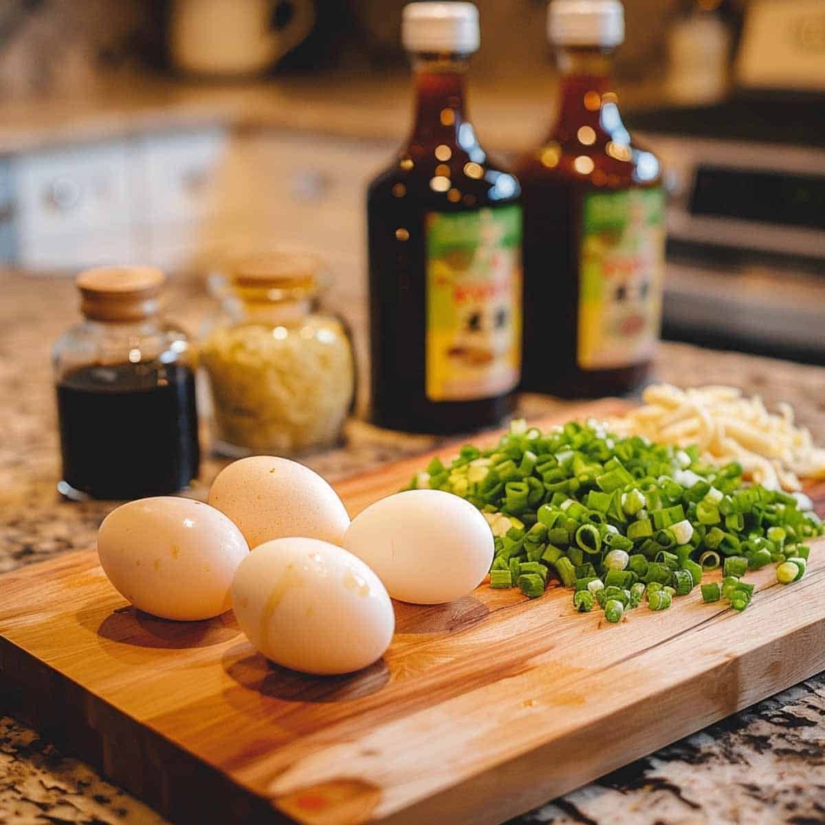 Eggs and spring onions on a cutting board