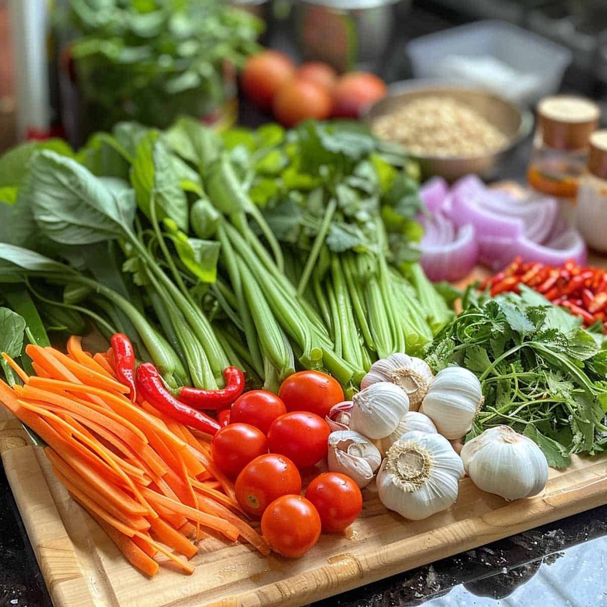 Ingredients for Thai Stir Fried Morning Glory (Pad Pak Boong) on a countertop: fresh morning glory, garlic, chili, soy sauce, and oyster sauce.