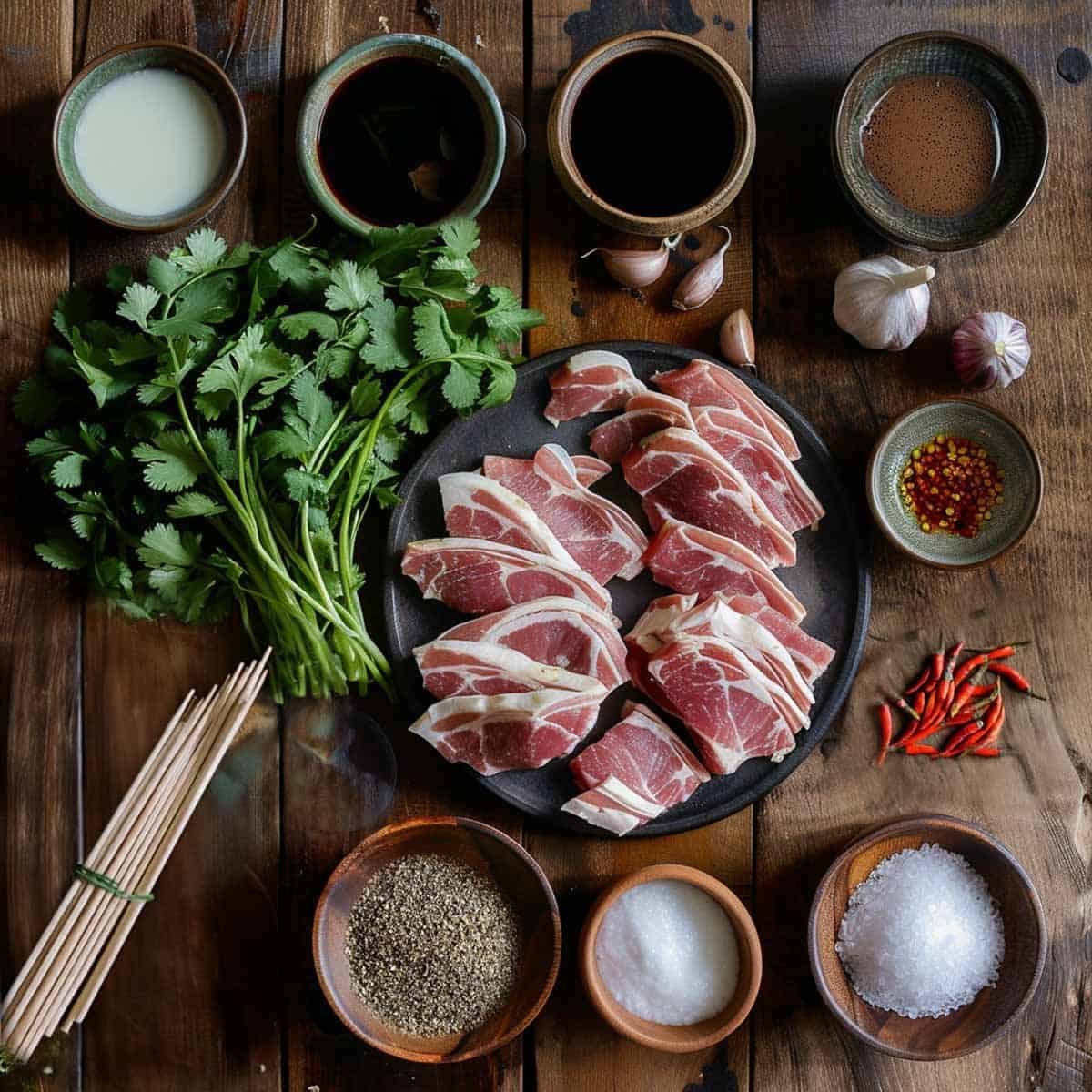 Raw ingredients for Moo Ping on a rustic wooden table