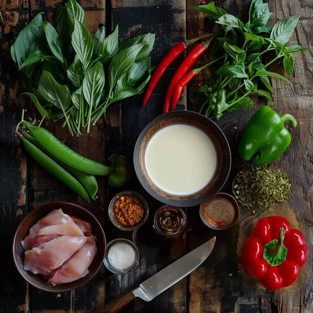 Ingredients to make Panang Curry displayed on a rustic wooden table, including red curry paste, coconut milk, sliced chicken, lime leaves, and fresh basil