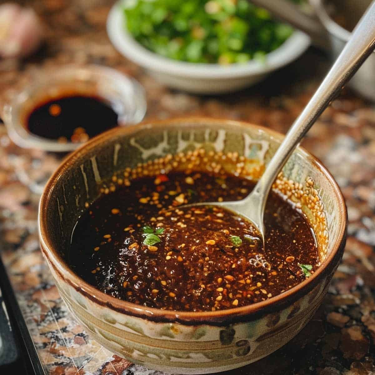 Bowl of sauce for Stir Fried Morning Glory (Pad Pak Boong), containing soy sauce, oyster sauce, and chili.