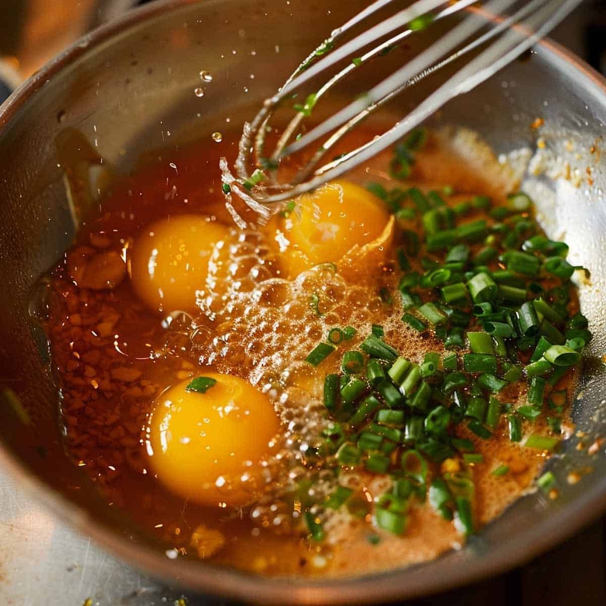 Eggs and diced spring onions being whisked in a bowl