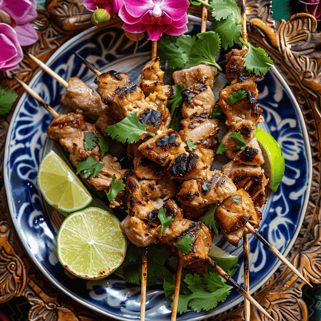 Moo Ping Thai grilled pork skewers on a plate with lime wedges.