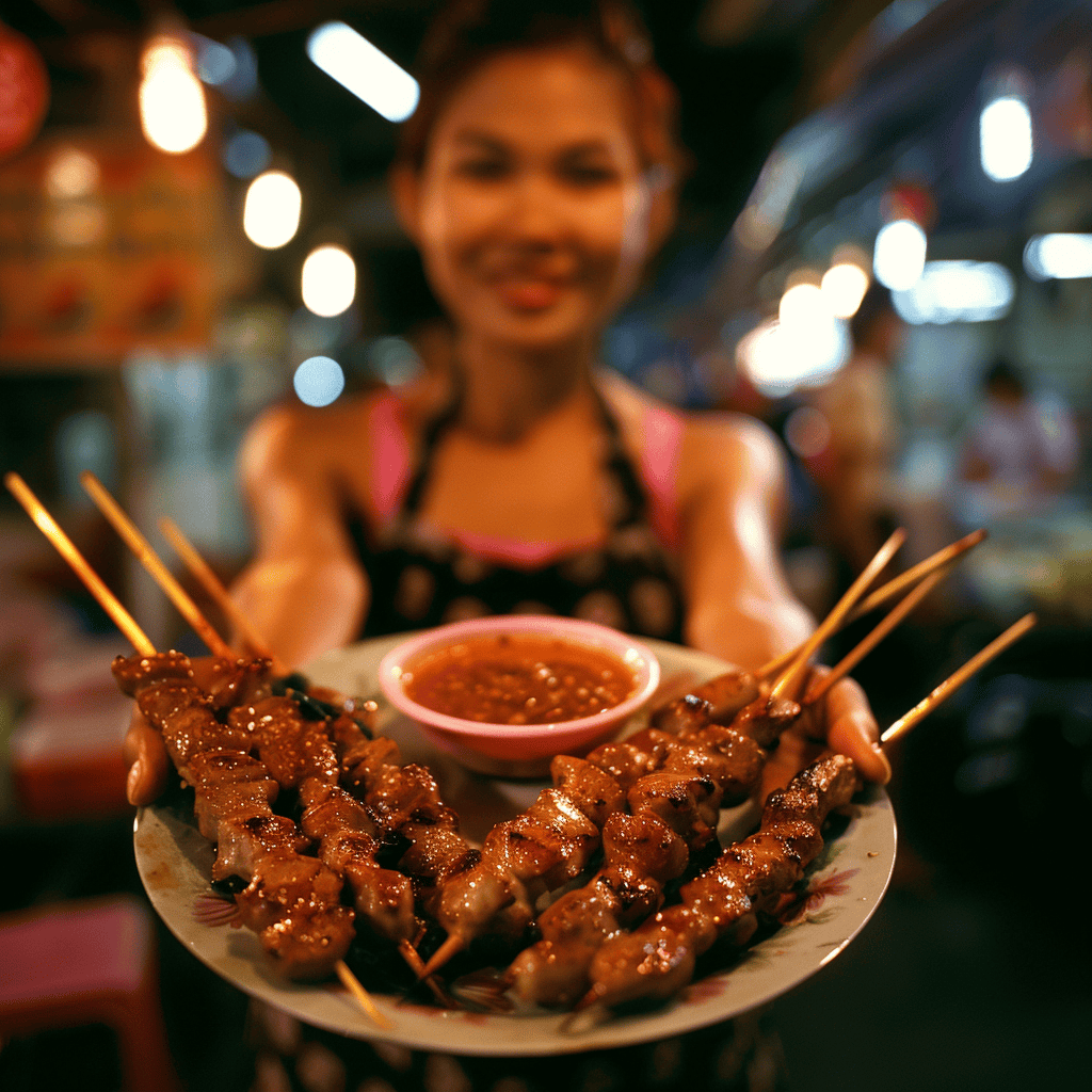 Thai woman serving a plate of Moo Ping Thai grilled pork skewers with peanut sauce at a night market