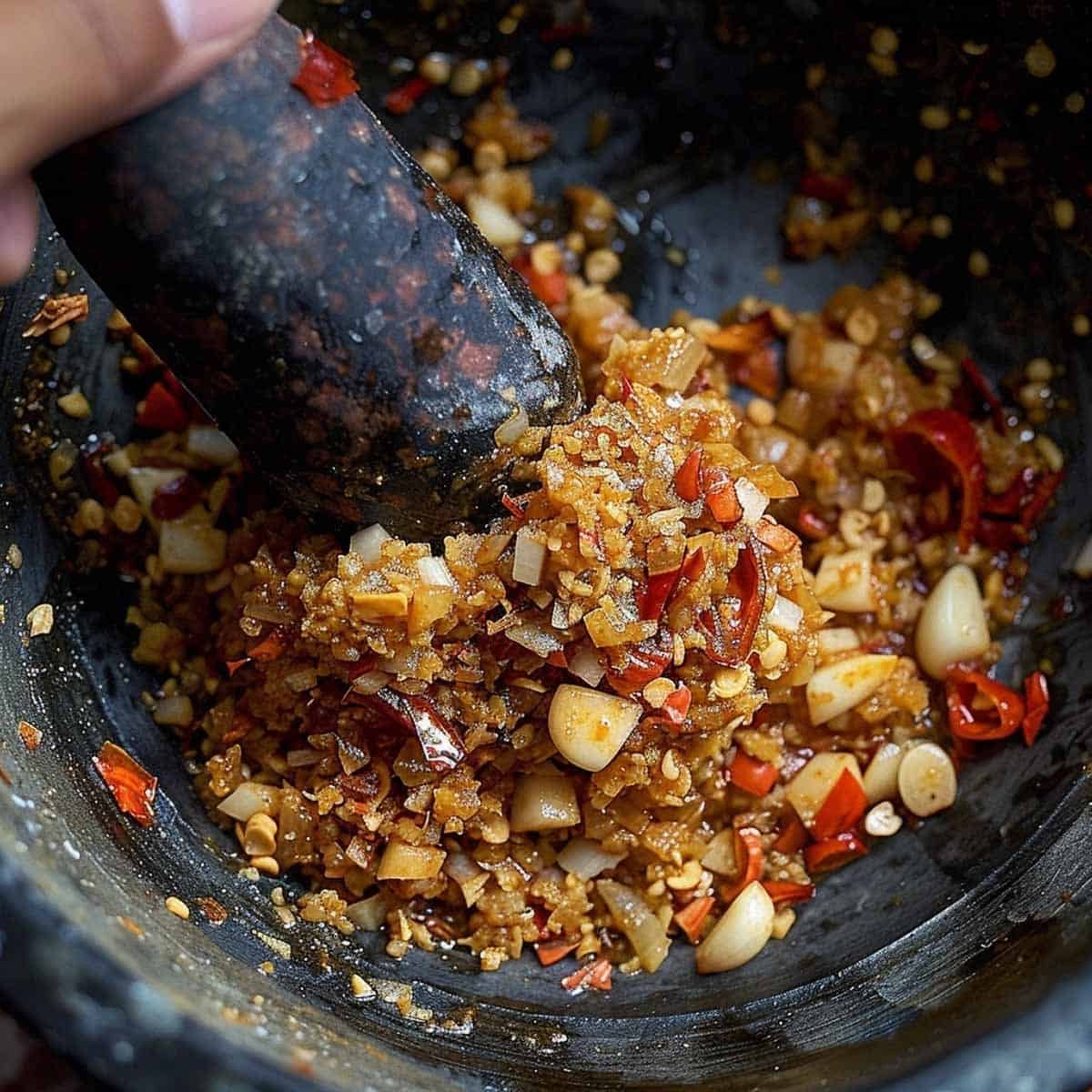 Chilies, garlic, and shallots being ground into a coarse paste in a mortar and pestle.
