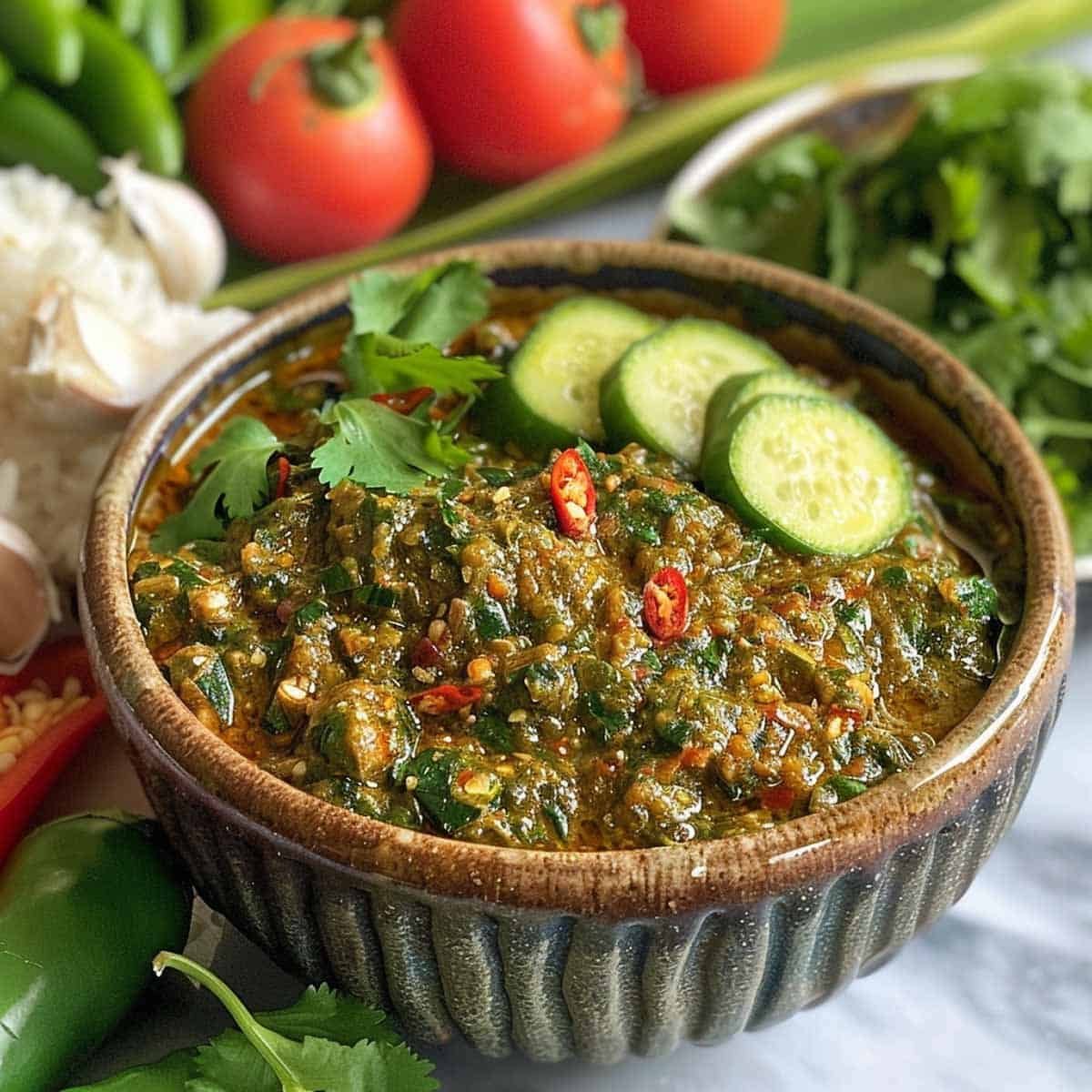 Bowl of Thai chili dipping sauce (Nam Phrik Num) with slices of cucumber. Out of focus in the background are fresh vegetables