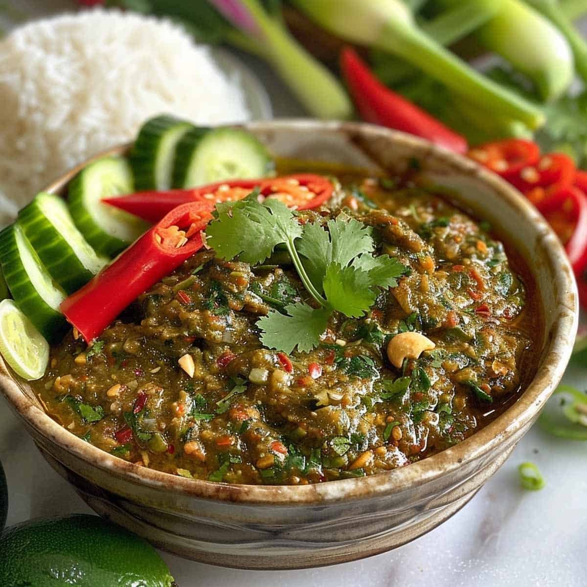 Bowl of Thai chili dipping sauce (Nam Phrik Num) with slices of cucumber and chili pepper