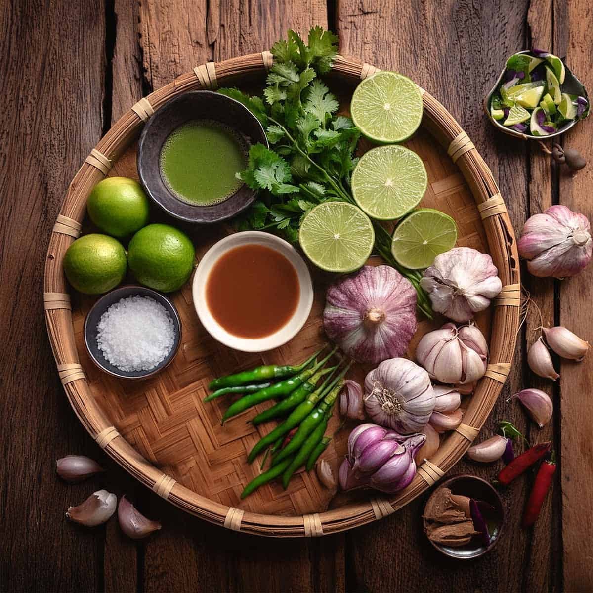 Vegetables and spices on a round bamboo platter, ingredients for Thai chili dipping sauce (Nam Phrik Num)."