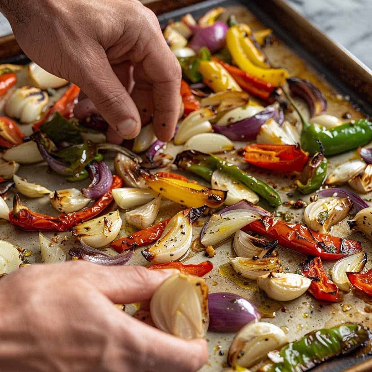 Hands peeling garlic and roasted vegetables, with a pan of roasted vegetables in the background for Thai chili dipping sauce