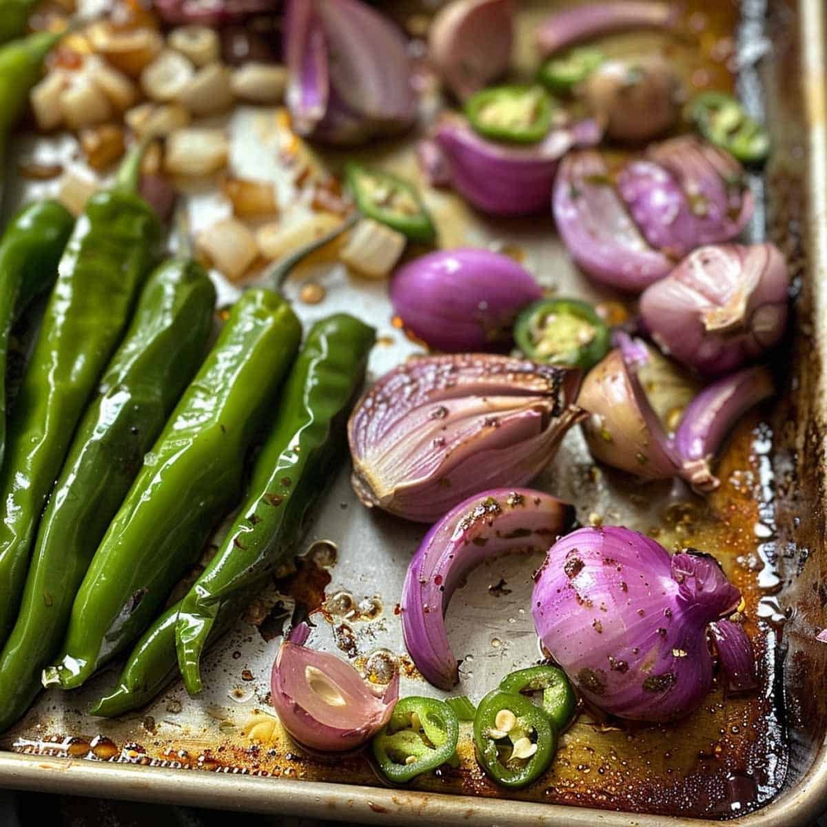 Garlic, peppers, and shallots roasting in a pan