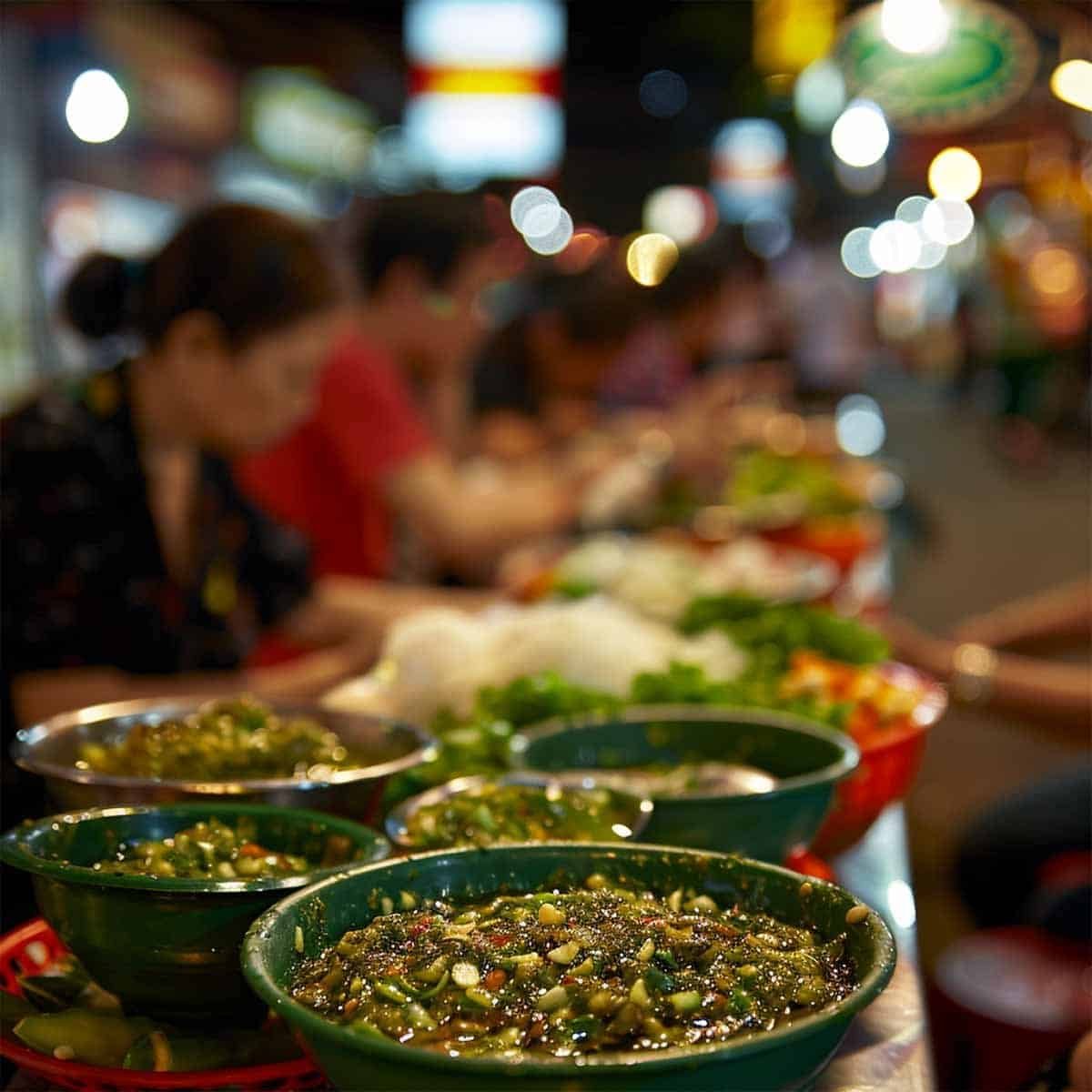 Bowls of Thai chili dipping sauce at a Thai night market. In the out-of-focus background, people eat at tables.