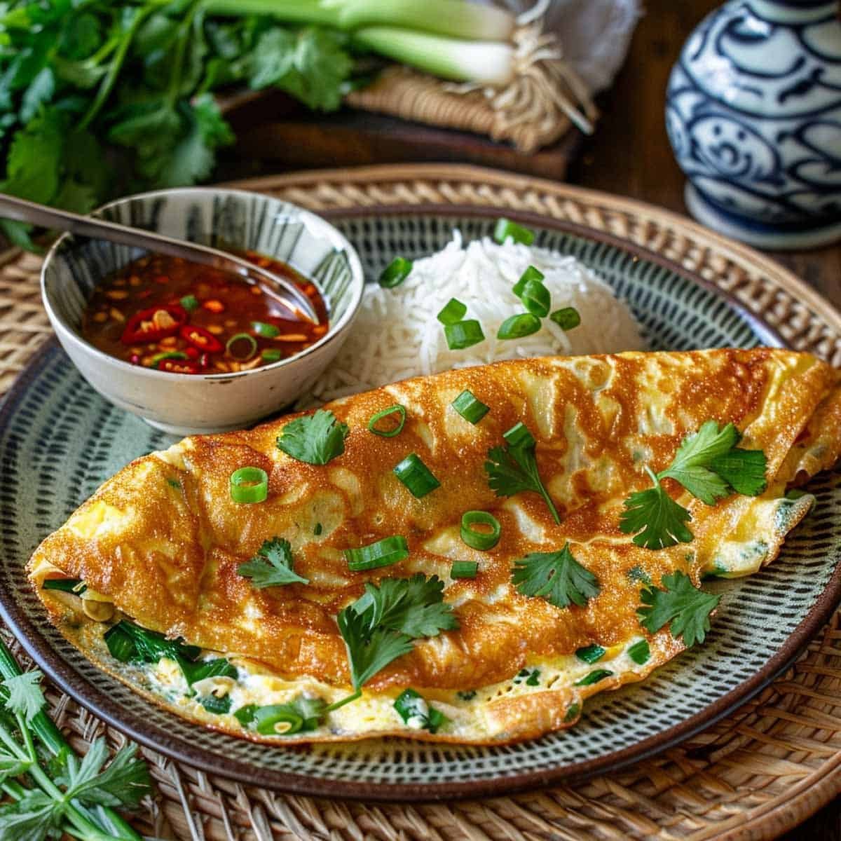 Plate with Thai Omelet (Kai Jiao) topped with spring onions, served with jasmine rice