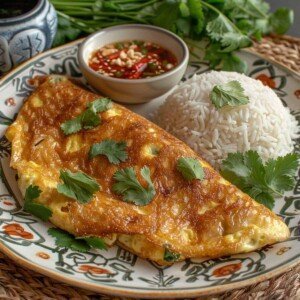 Thai omelette on a plate with jasmine rice.