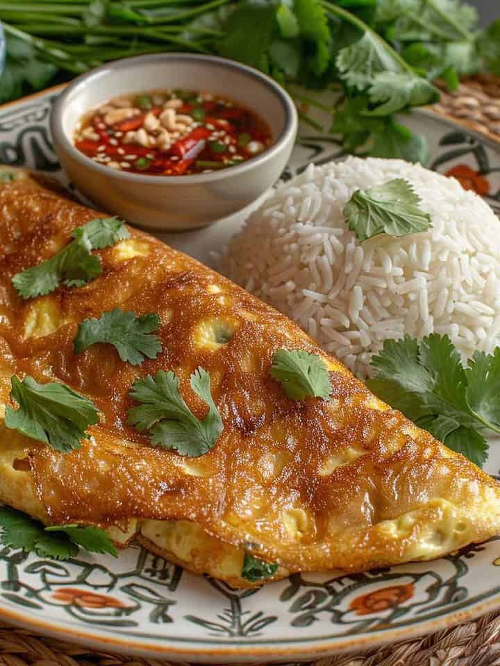 Thai omelette on a plate with jasmine rice.