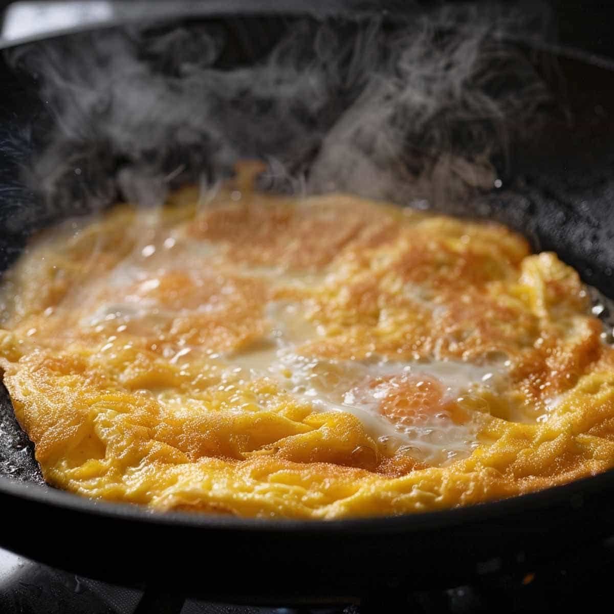 Eggs puffing up immediately, forming a crispy crust in a skillet