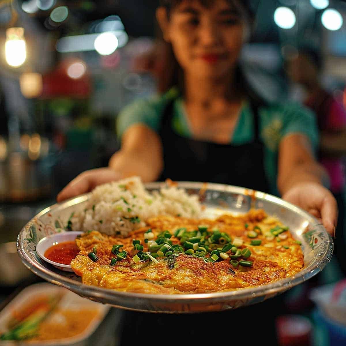 Woman serving Thai Omelette at a Thai night market.