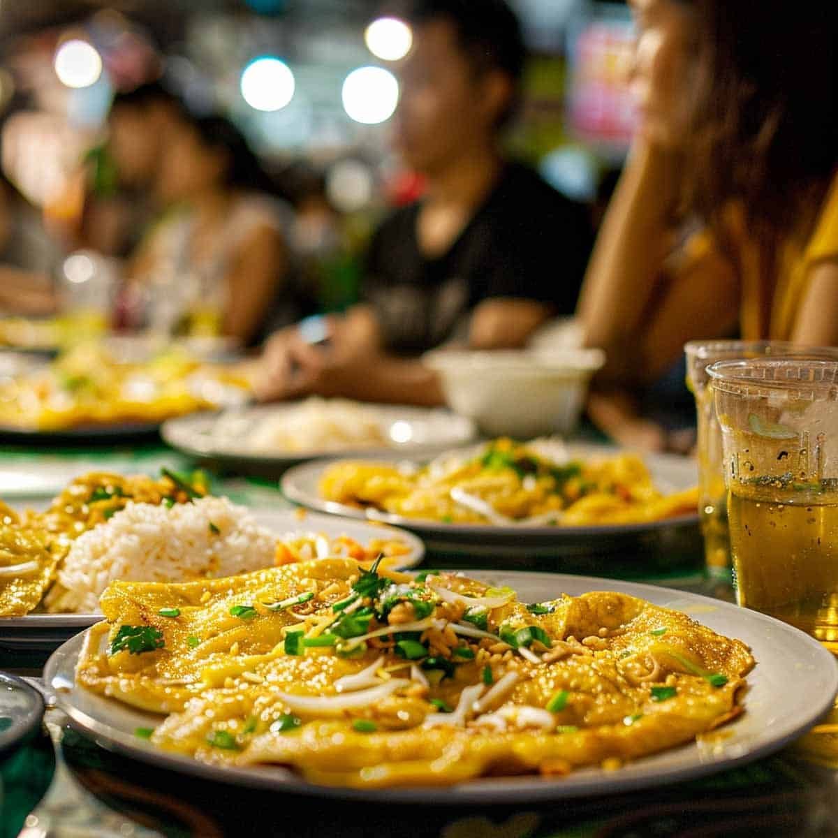 Group of friends enjoying Thai Omelet (Kai Jiao) at a night market