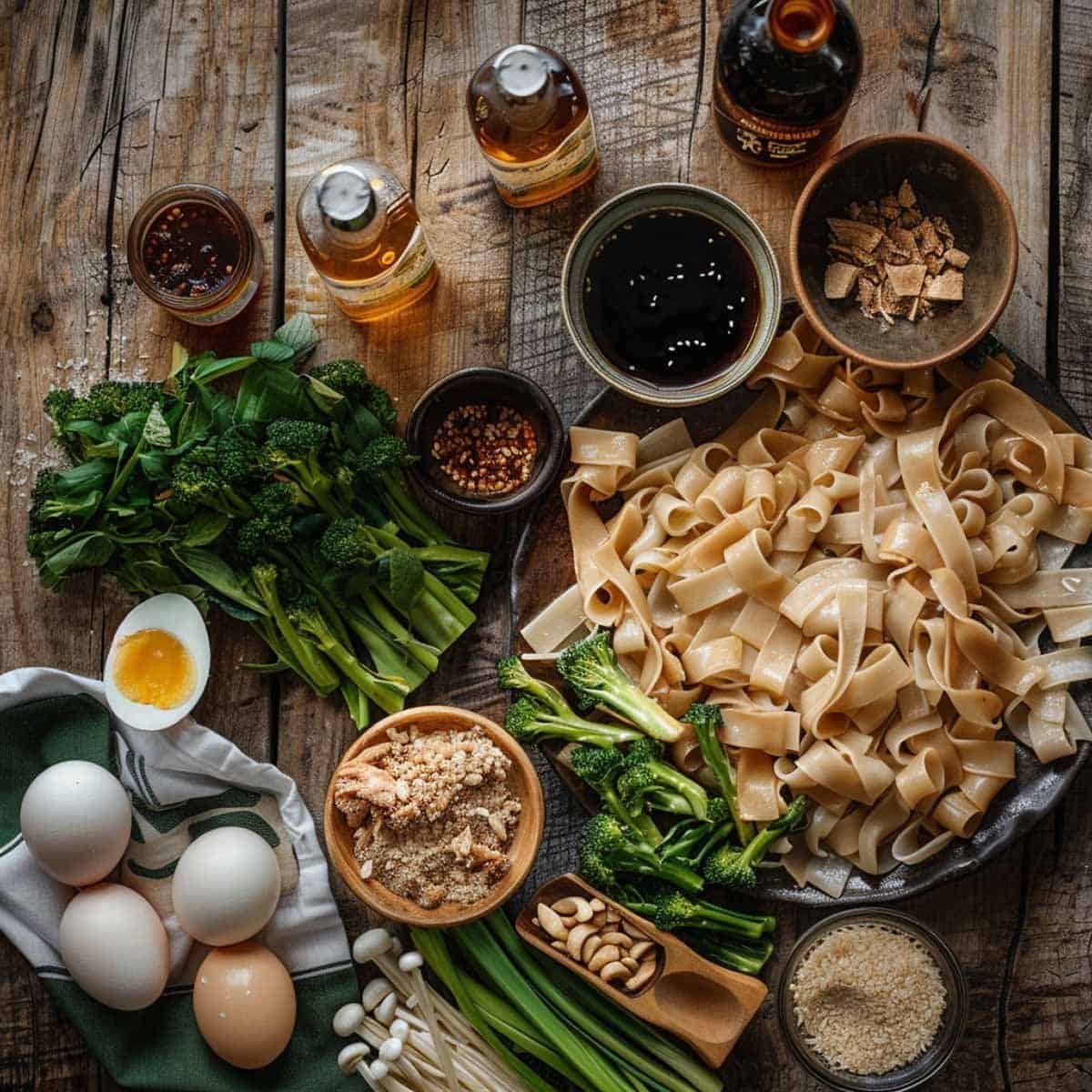 Wide rice noodles surrounded by essential ingredients for Pad See Ew Thai stir fry noodle