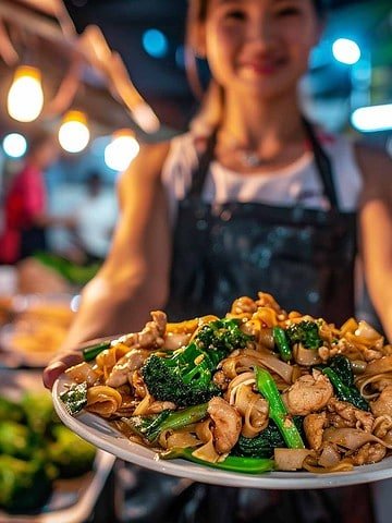 serving a Plate of Pad See Ew (Thai Stir-Fried Noodles) at Thai night market