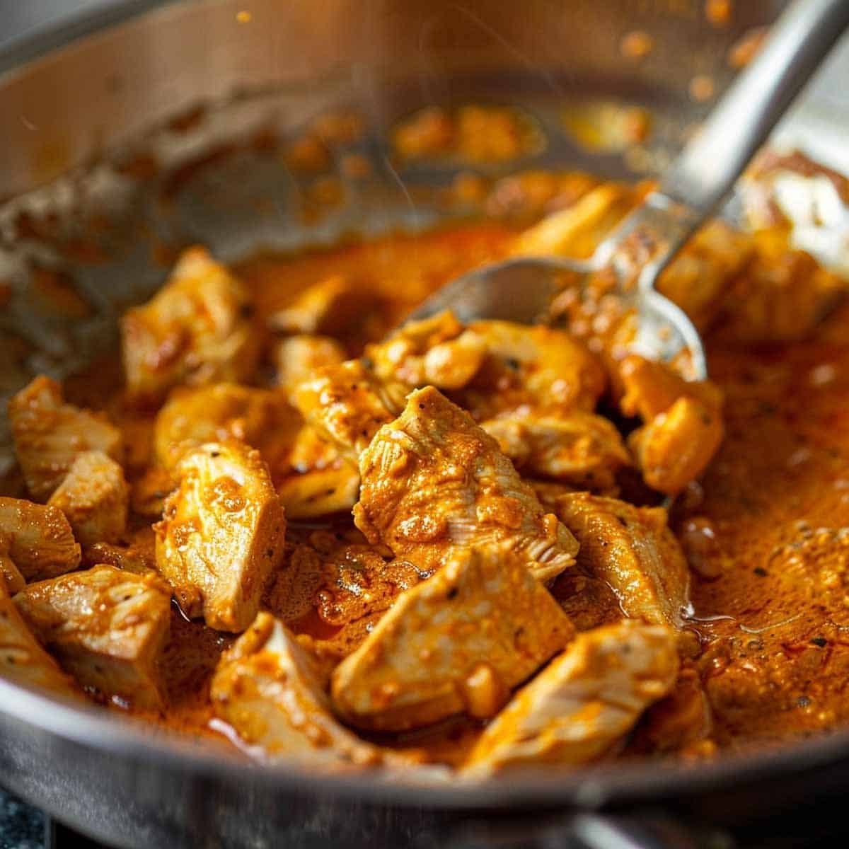 Chicken simmering in Panang curry sauce with bell peppers, snap peas, and kaffir lime leaves, ensuring tender meat and crisp vegetables.