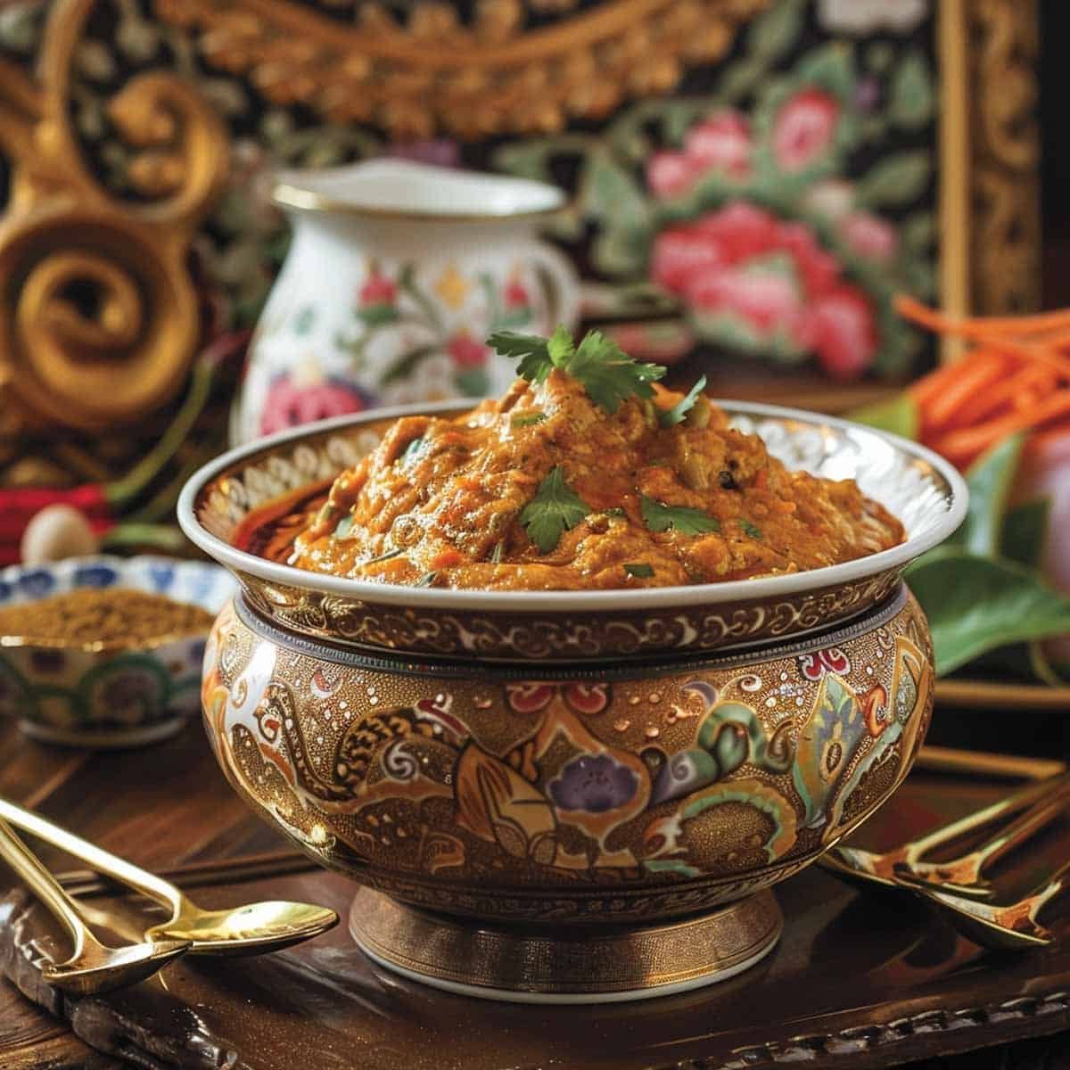 Panang curry paste served in a decorative Asian-style bowl