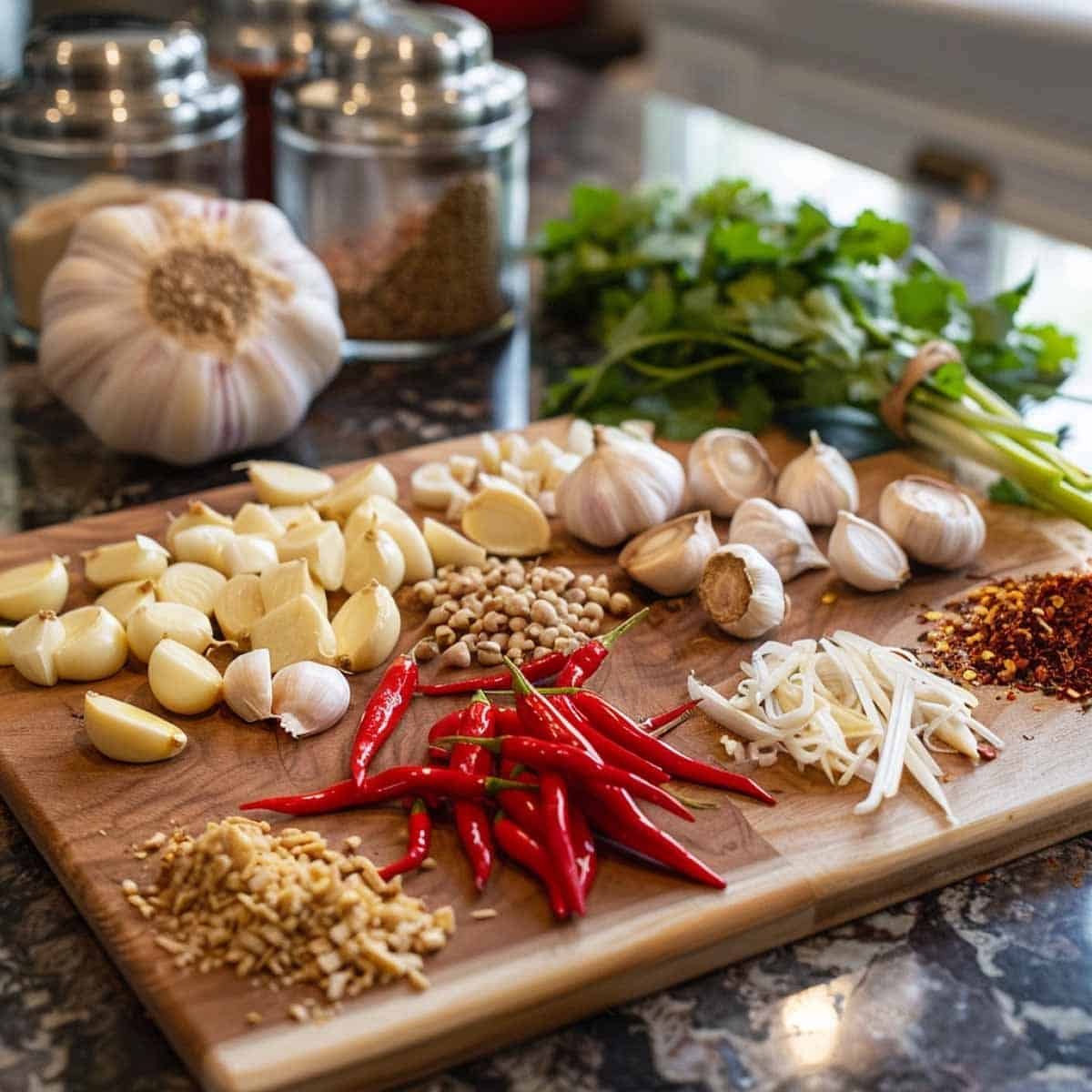 Ingredients for Panang curry: red chili peppers, garlic, ginger, lemongrass, kaffir lime leaves, and coconut milk on a cutting board