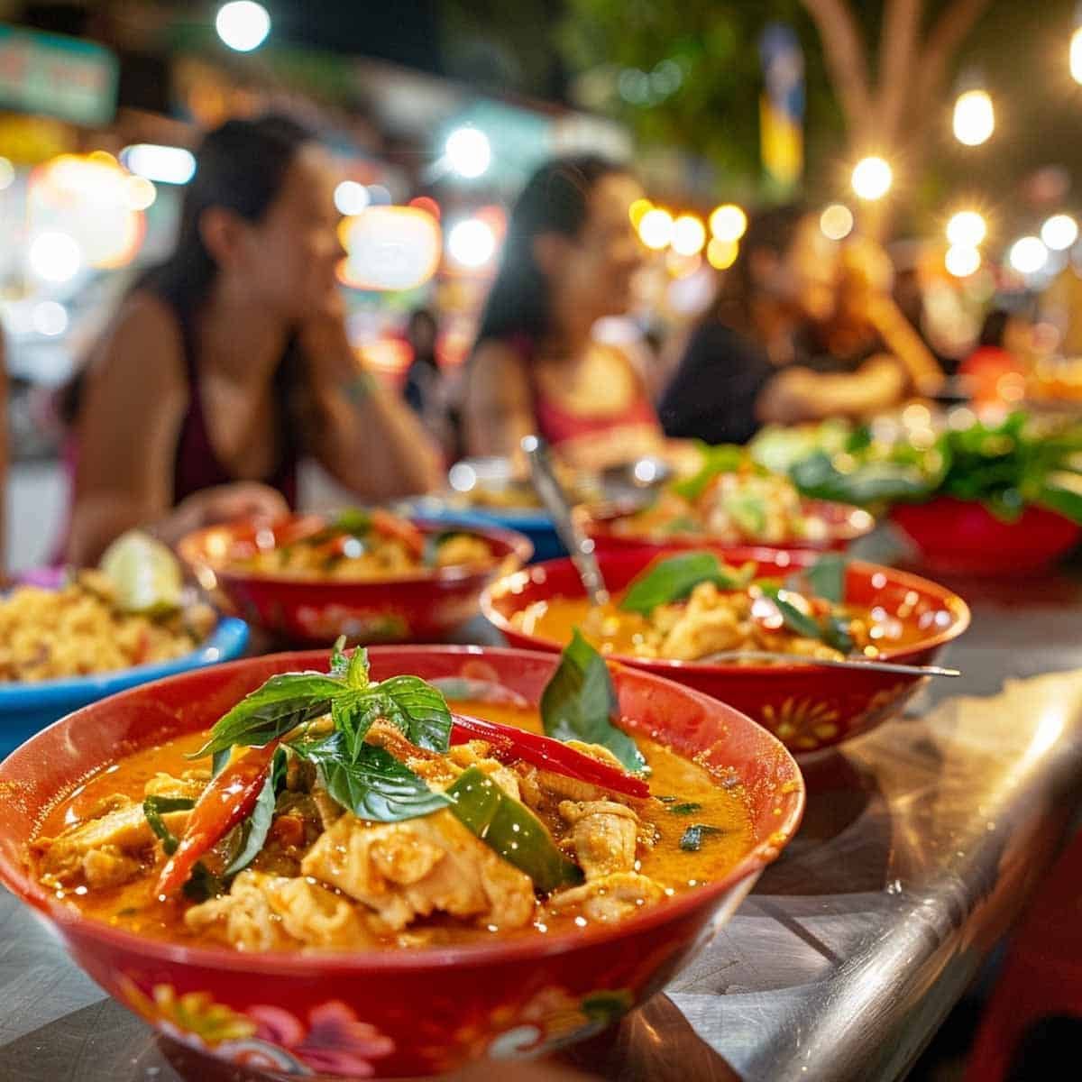 Group of friends eating Panang curry at a Thai night market