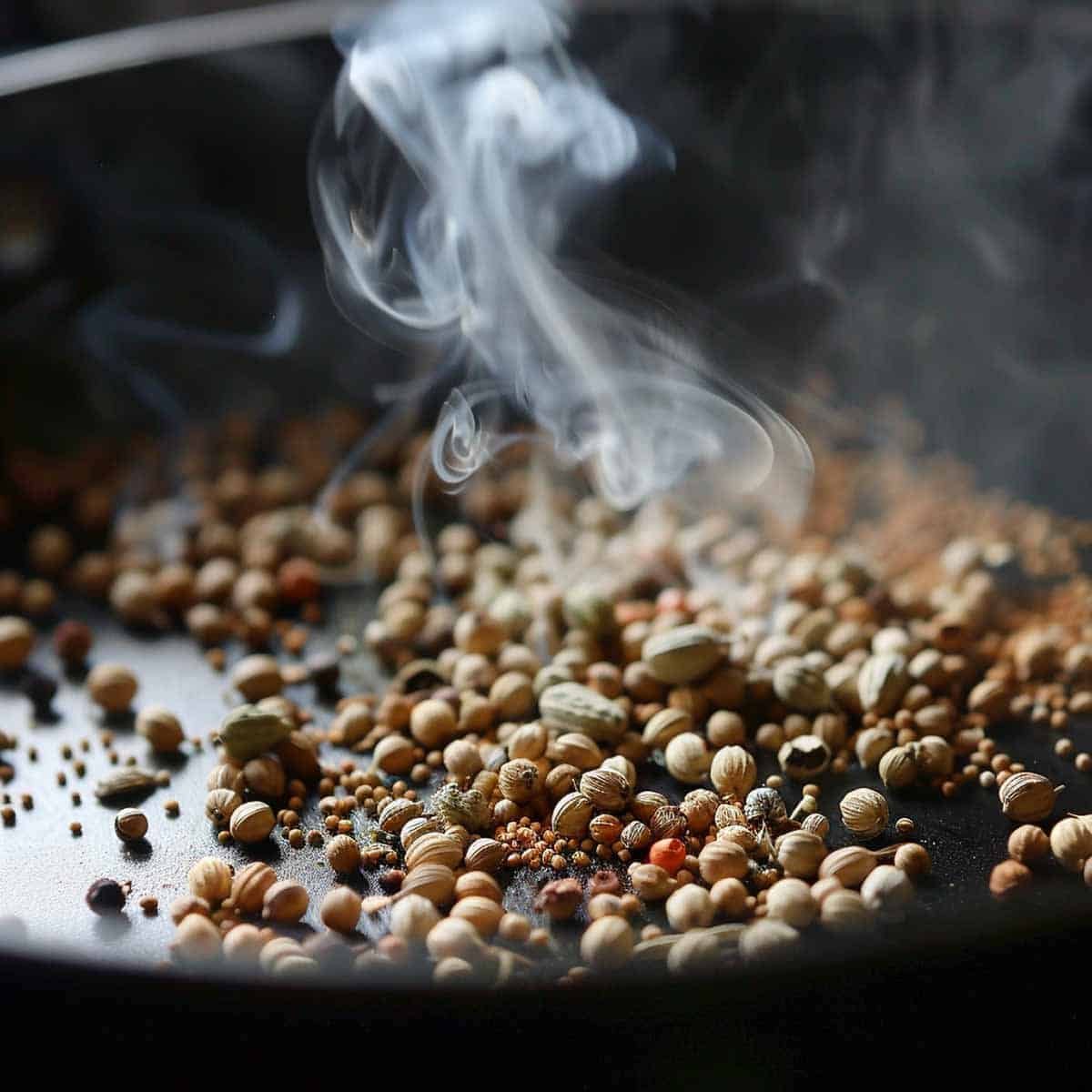 Toasting coriander seeds, cumin seeds, and white peppercorns in a dry skillet