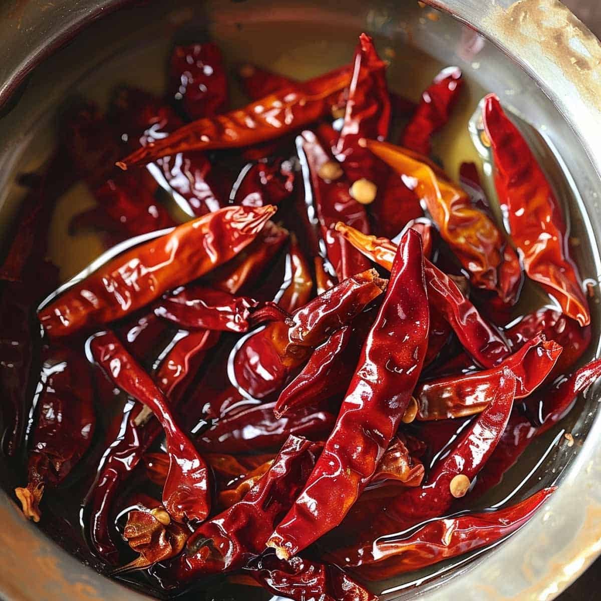 Soaking dried red chilies in warm water