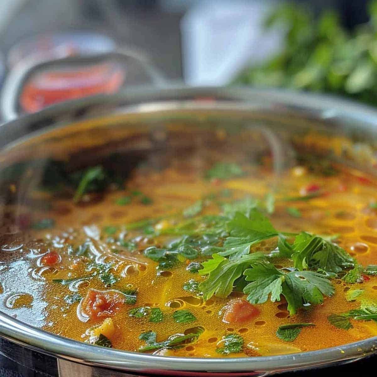 Panang simmering in a pot, with rich, vibrant red sauce and fragrant steam rising