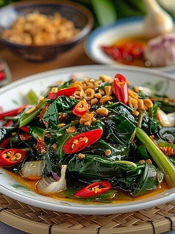 Plate of Stir Fried Morning Glory (Pad Pak Boong) with garlic and chili, served hot and fresh