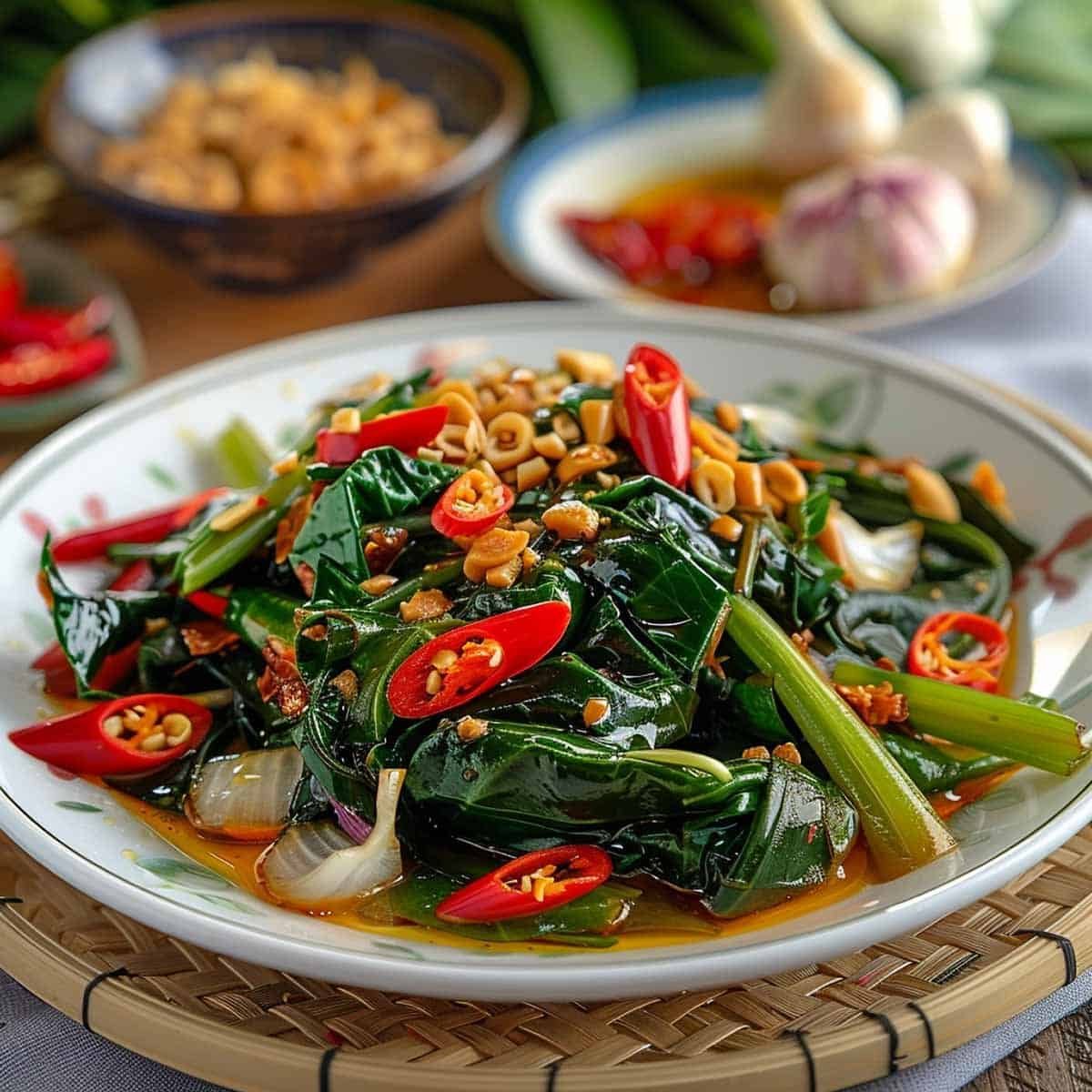 Close-up of a plate of Thai Stir Fried Morning Glory (Pad Pak Boong) with garlic and chili.