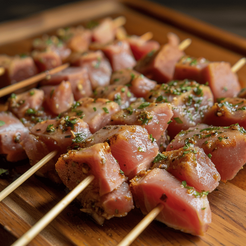Pieces of marinated pork on wooden skewers.