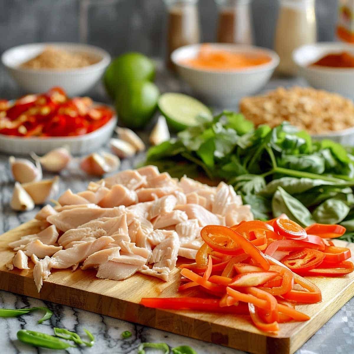 Panang Curry ingredients: chicken, bell peppers, lime leaves, curry paste, fish sauce, and palm sugar on a kitchen counter 