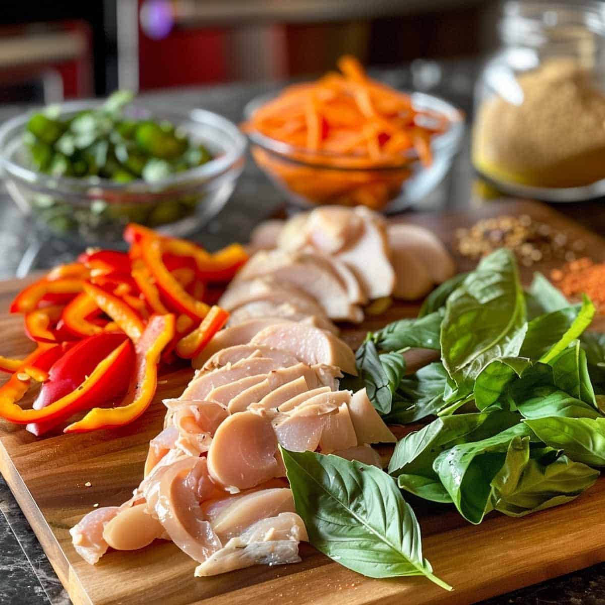 Thai Red Curry (Gaeng Phed) ingredients on a board: curry paste, coconut milk, bell peppers, bamboo shoots, lime leaves, basil, fish sauce, sugar