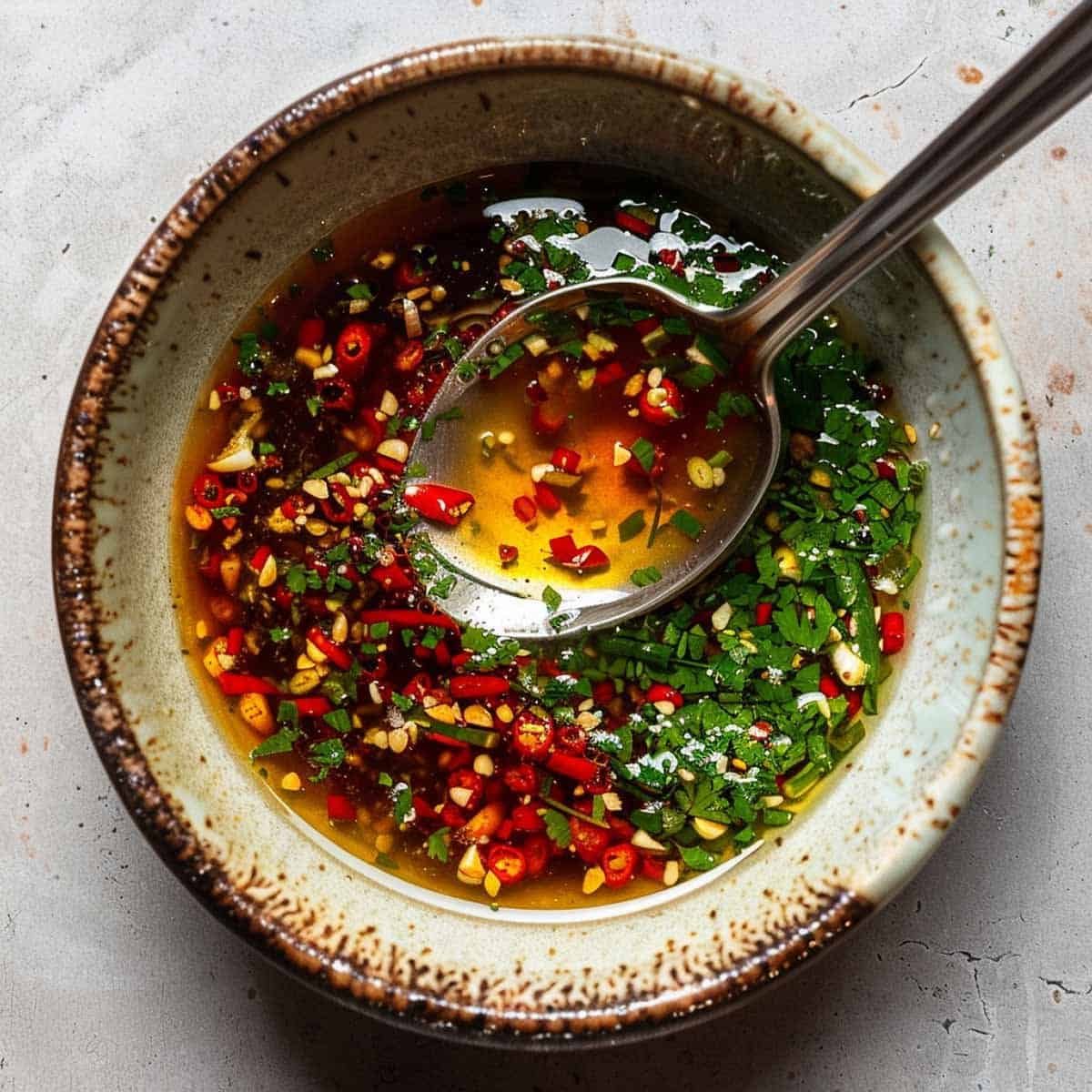 Dressing bowl for Yum Woon Sen, featuring a tangy blend perfect for glass noodle salad