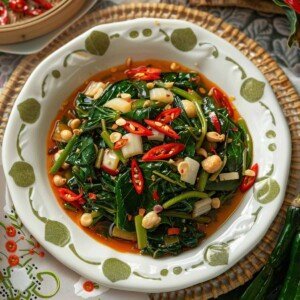 Plate of Stir Fried Morning Glory (Pad Pak Boong) with garlic and chili, served hot and fresh