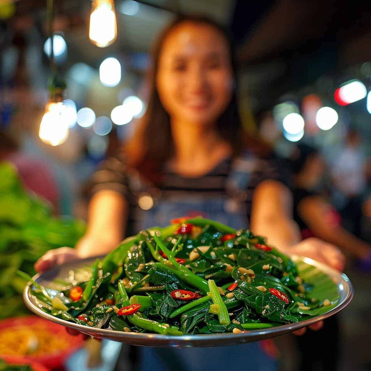 Thai woman serving Stir Fried Morning Glory (Pad Pak Boong) at a bustling night market food stall