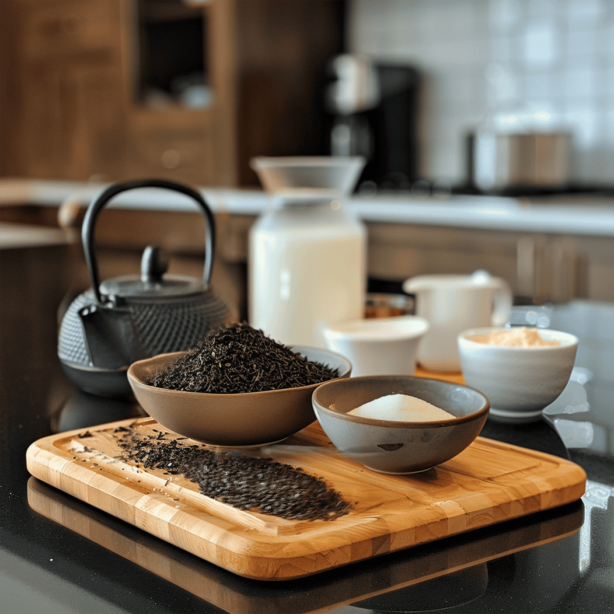 Ground Thai black tea leaves in a bowl surrounded by essential ingredients for Cha Yen