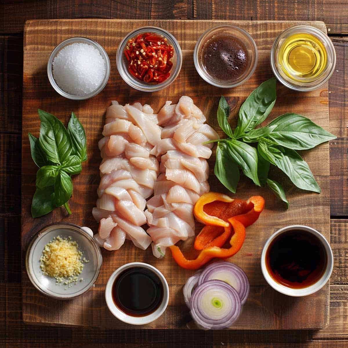 Ingredients for Pad Krapow Gai: ground chicken, Thai basil, garlic, red chili, soy sauce, fish sauce, oyster sauce, sugar, jasmine rice