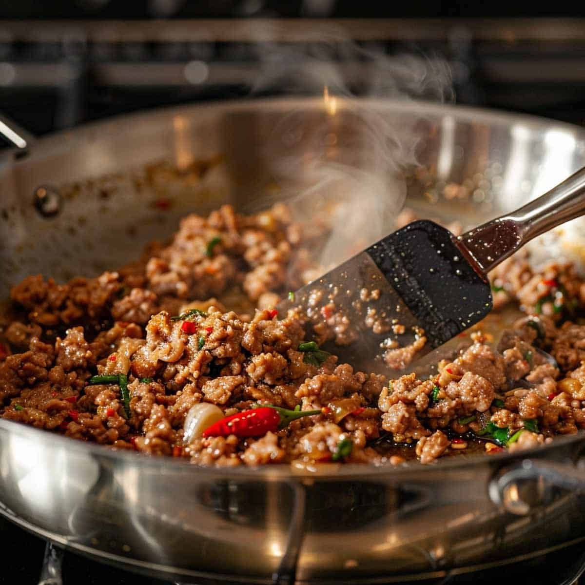 Ground pork and key ingredients for Thai Basil Pork recipe (Pad Kra Pao Moo) being cooked in a pan.